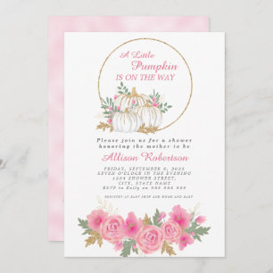 Fall Little Pumpkin Pink Gold Floral Baby Shower Invitation