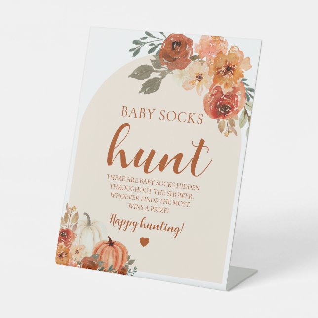 Fall LittlePumpkin Baby Sock Hunt Baby Shower Game Pedestal Sign (Front)