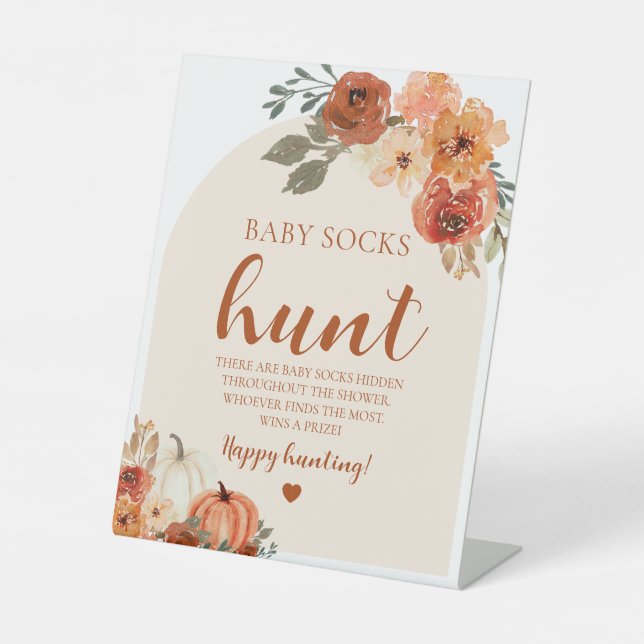 Fall LittlePumpkin Baby Sock Hunt Baby Shower Game Pedestal Sign (Front)