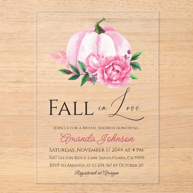 Fall Love Blush Pink Pumpkin Rustic Bridal Shower Acrylic Invitations (Front)