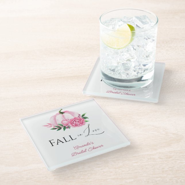 Fall Love Blush Pink Pumpkin Rustic Bridal Shower Glass Coaster (Angled)