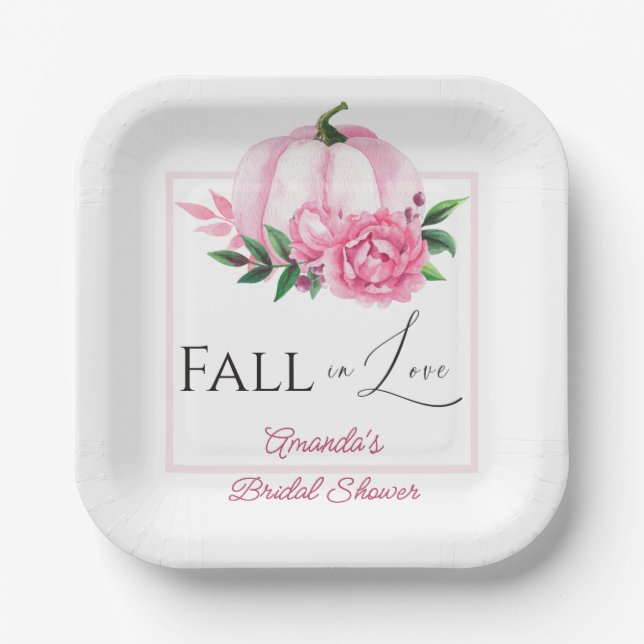 Fall Love Blush Pink Pumpkin Rustic Bridal Shower Paper Plate (Front)