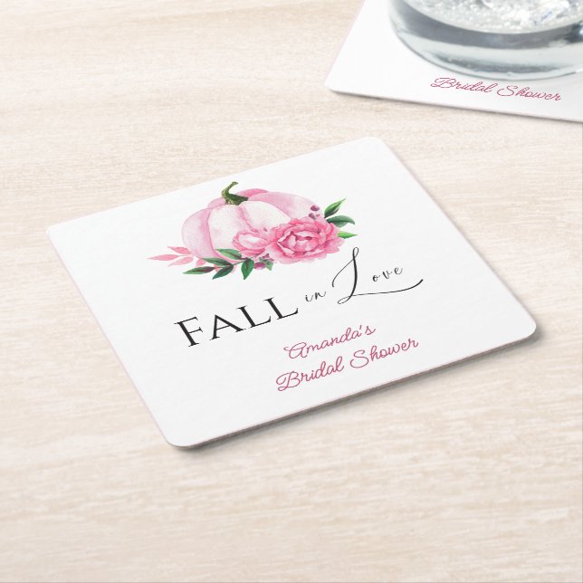Fall Love Blush Pink Pumpkin Rustic Bridal Shower Square Paper Coaster (Angled)