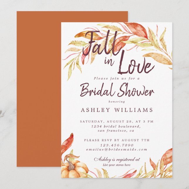 Fall Love Gold Foliage Burnt Orange Bridal Shower Invitation (Front/Back)