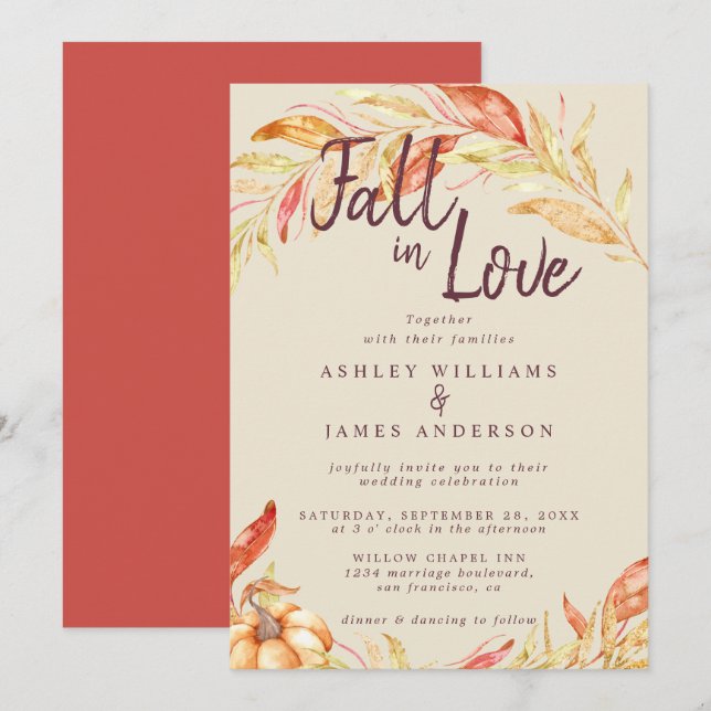 Fall Love Golden Foliage Antique White Red Wedding Invitation (Front/Back)