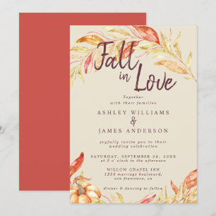 Fall Love Golden Foliage Antique White Red Wedding Invitation