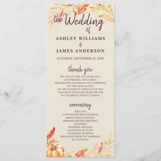 Fall Love Golden Foliage Antique White Wedding Programme (Front)