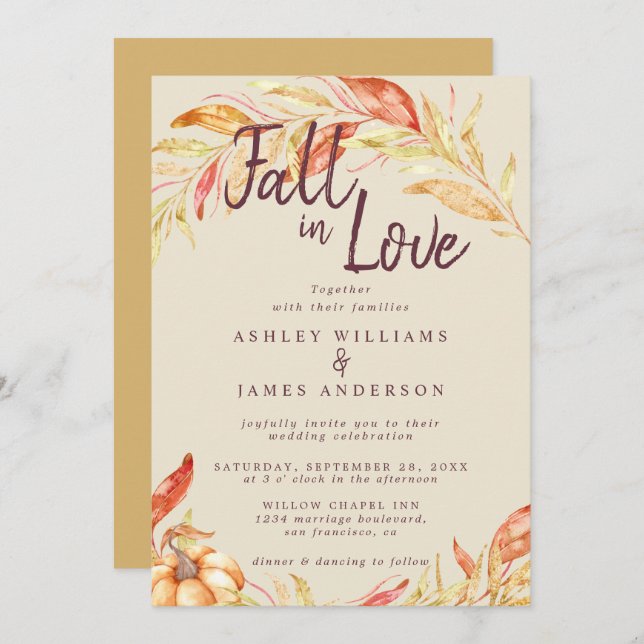 Fall Love Golden Foliage Antique Yellow Wedding Invitation (Front/Back)