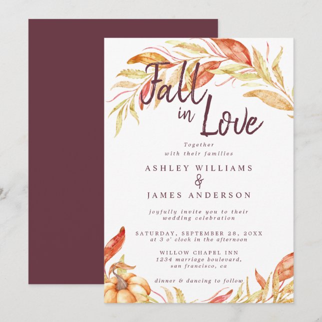Fall Love Golden Foliage Autumn Burgundy Wedding Invitation (Front/Back)