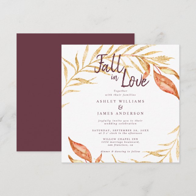 Fall Love Golden Foliage Autumn Burgundy Wedding Invitation (Front/Back)