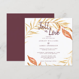 Fall Love Golden Foliage Autumn Burgundy Wedding Invitation