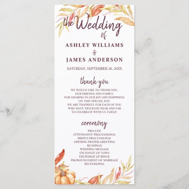 Fall Love Golden Foliage Burgundy Wedding Program Programme (Front)