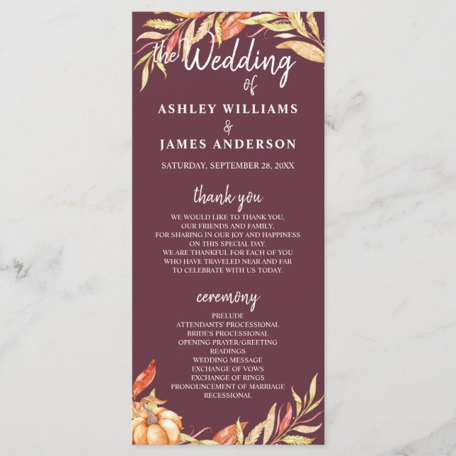 Fall Love Golden Foliage Burgundy Wedding Program Programme (Front)