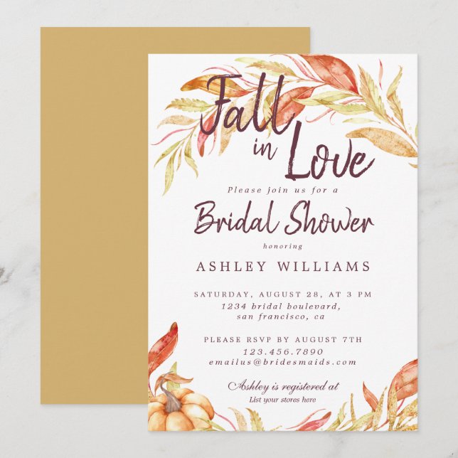Fall Love Golden Foliage Yellow Bridal Shower Invitation (Front/Back)