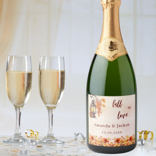 Fall love orange flowers leaves wedding sparkling wine label