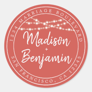 Fall Love Rustic Lights Red Wedding Return Address Classic Round Sticker