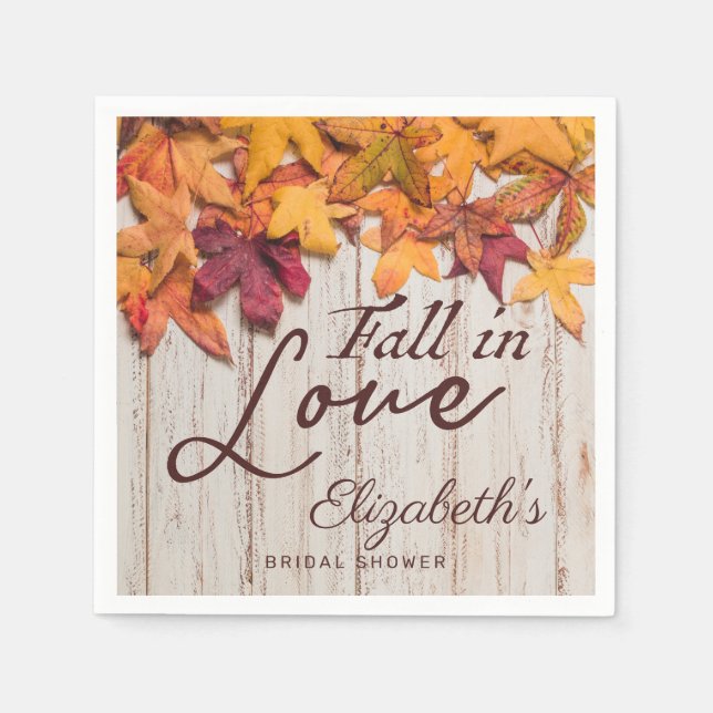 Fall Love Rustic Wood Autumn Leaves Bridal Shower Napkin (Front)