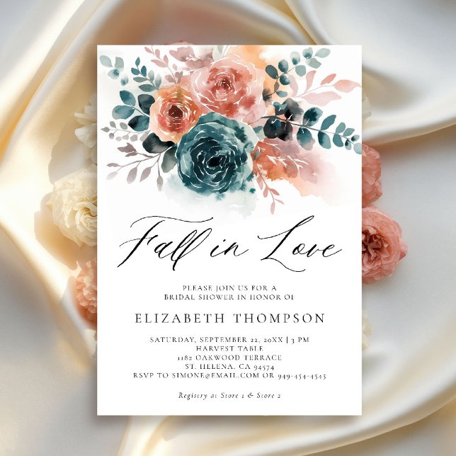 Fall Love Teal Burnt Orange Floral Bridal Shower Invitation (fall in love bridal shower invitation burnt orange teal watercolor roses elegant classy backyard)