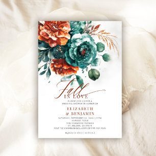 Fall Love Teal Burnt Orange Wedding Bridal Shower Invitation