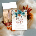 Fall Love Teal Burnt Orange Wedding Save the Date<br><div class="desc">This Fall Teal Burnt Orange Botanical Floral Wedding photo save the date captures the essence of autumn with a boho botanical floral border featuring watercolor roses and wedding foliage in the rich, warm tones of teal and burnt orange. The inviting design is complemented by a pale watercolor texture, evoking the...</div>