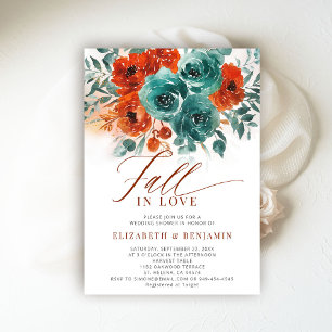 Fall Love Teal Orange Blooms Wedding Bridal Shower Invitation