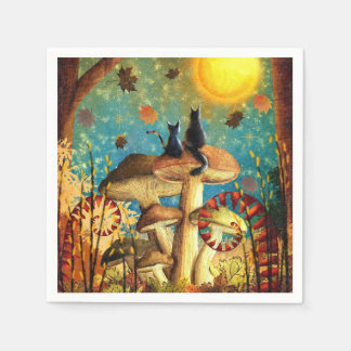 Fall Lovers Cats Forest Mushrooms Stars Night Sky Napkin