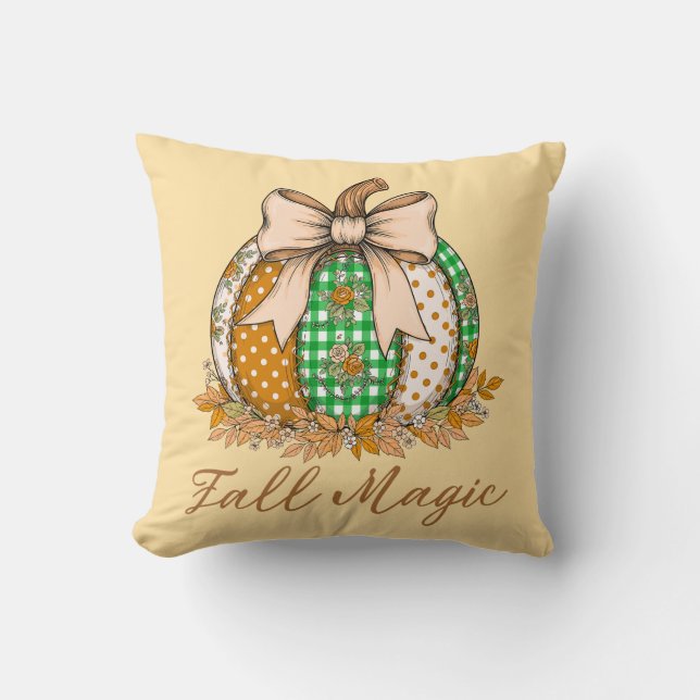 Fall Magic Patchwork Pumpkin Throw Pillow (Front)