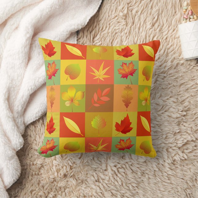 Fall Maple leaf blocked pattern orange yellow red Cushion (Blanket)