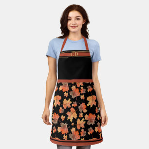 Fall Maple Leaves All-Over Print Black Monogram Apron