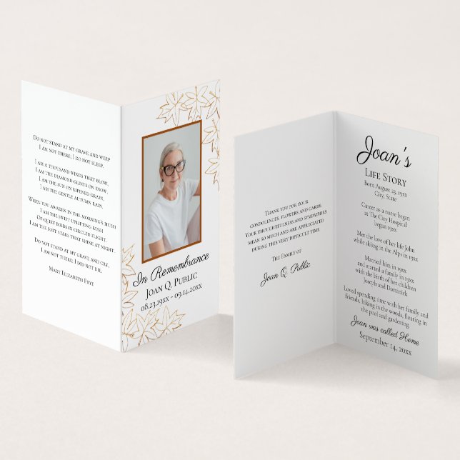 Fall Maple Leaves Funeral Service Memorial Prayer Business Card (Inside and Outside)