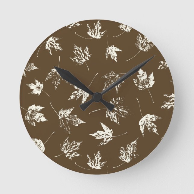 Fall Maple Leaves on brown - seamless pattern.    Round Clock (Front)