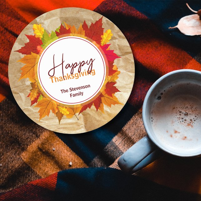 Fall Maple Leaves On Paper Texture Thanksgiving Round Paper Coaster (Creator Uploaded)