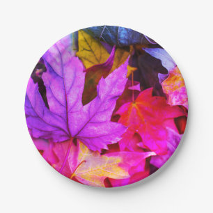 Fall maple tree leaf colourful purple orange paper plate