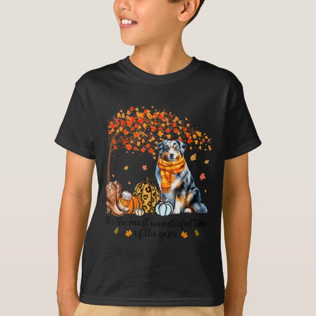Fall Maple Tree Print Dog Lover Happy Thanksgiving T-Shirt (Front)