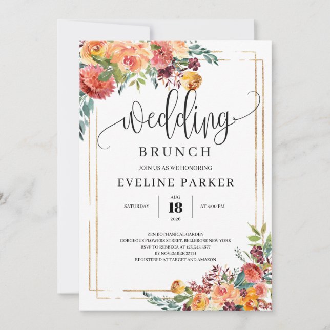 Fall marigold orange flowers wedding brunch invite (Front)
