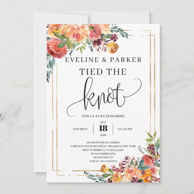 Fall Marigold tied the knot elopement invitation (Front)