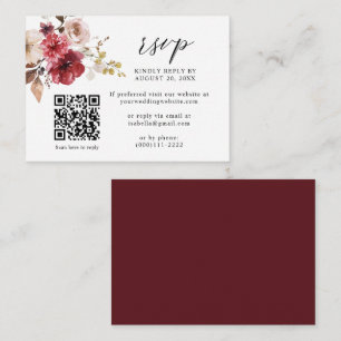 Fall Maroon Beige Pink Floral QR Code Wedding RSVP Enclosure Card