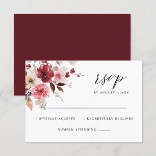 Fall Maroon Blush Rustic Floral Wedding RSVP  Card