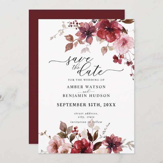 Fall Maroon Pink Berries Wedding Save The Date Invitation (Front/Back)