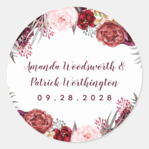Fall Marsala Blush Pink Peony Autumn Wedding Favou Classic Round Sticker