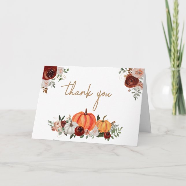 Fall Marsala Burgundy Floral Pumpkin Baby Shower Thank You Card (Front)