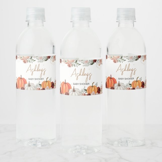 Fall Marsala Burgundy Floral Pumpkin Baby Shower Water Bottle Label (Bottles)