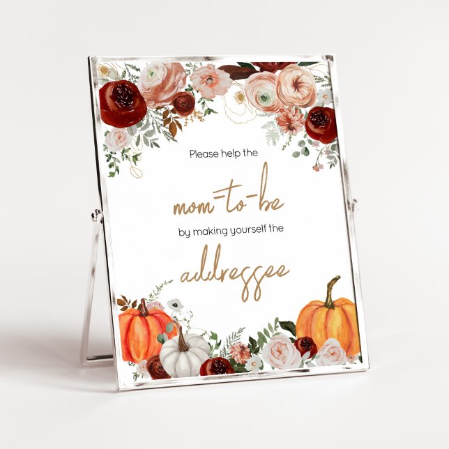 Fall Marsala Burgundy Pumpkin Envelope Station Poster (Fall Floral Pumpkin Baby Shower Envelope Station Sign)