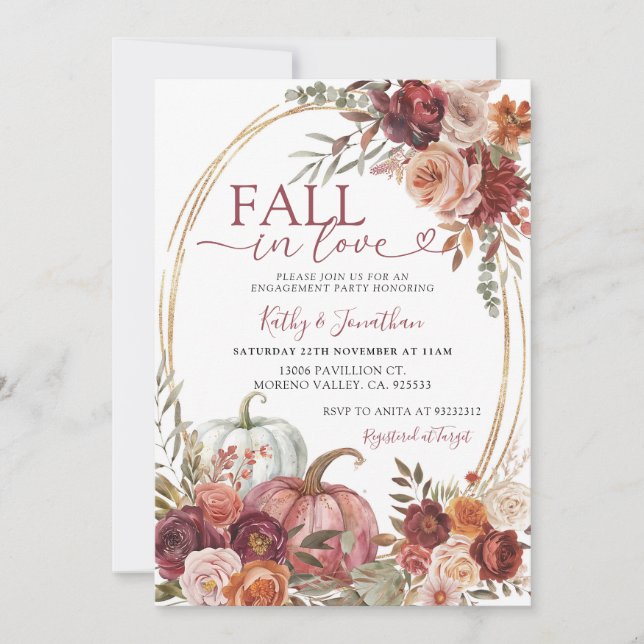 Fall Marsala Floral Pumpkin Gold Engagement Party  Invitation (Front)