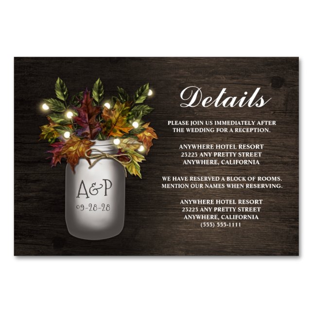 Fall Mason Jar Wedding Reception + Hotel Cards (Front)
