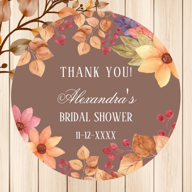 Fall Mocha Autumn Bridal Shower Thank You  Classic Round Sticker (Creator Uploaded)