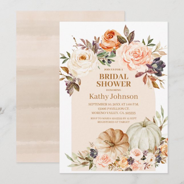 Fall Modern Arch Pumpkin Floral Bridal Shower Invitation (Front/Back)