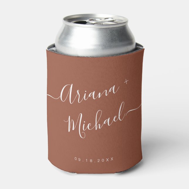 Fall Modern Custom Terracotta Script Names Wedding Can Cooler (Can Front)