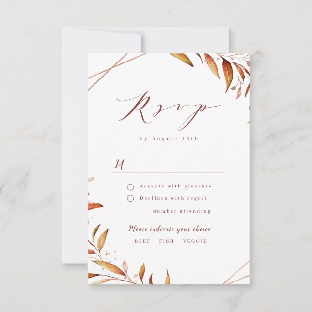 Fall Modern Greenery Geometric Rustic Wedding RSVP Card (Front)