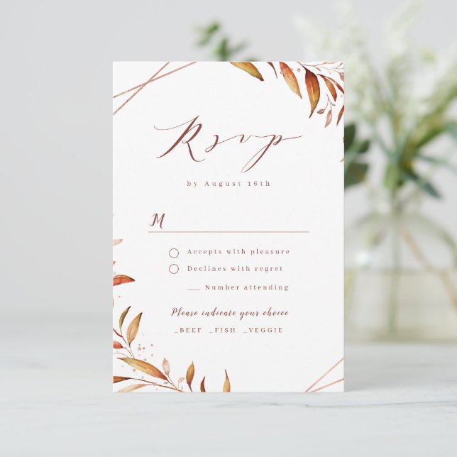 Fall Modern Greenery Geometric Rustic Wedding RSVP Card (Standing Front)